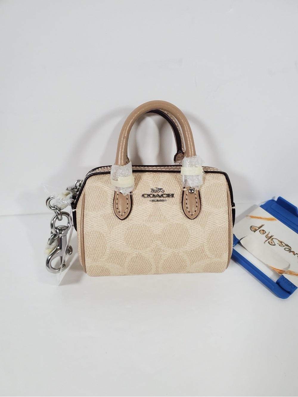 NWT COACH Mini Rowan Satchel Bag Charm In Signature Canvas Sand/Taupe